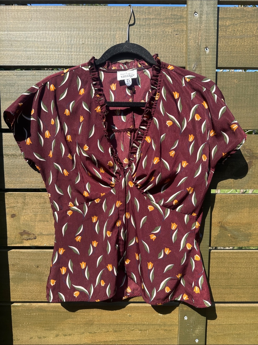Unique Vintage Burgundy Tulip Ruffle V-Neck Blouse